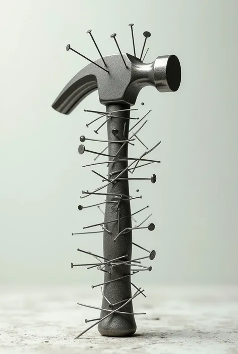 Image of a hammer hammering nails into itself.