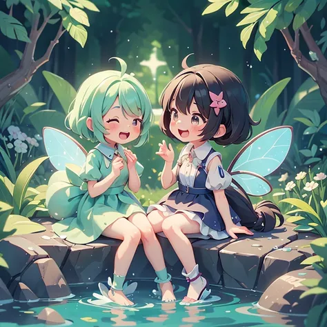 ２people　Fairy　長いwater色の髪　もう一peopleは長い黒髪　cute　 Anime-style characters　laughing　The whole body is visible　Charm　High resolution　delicate　　water
