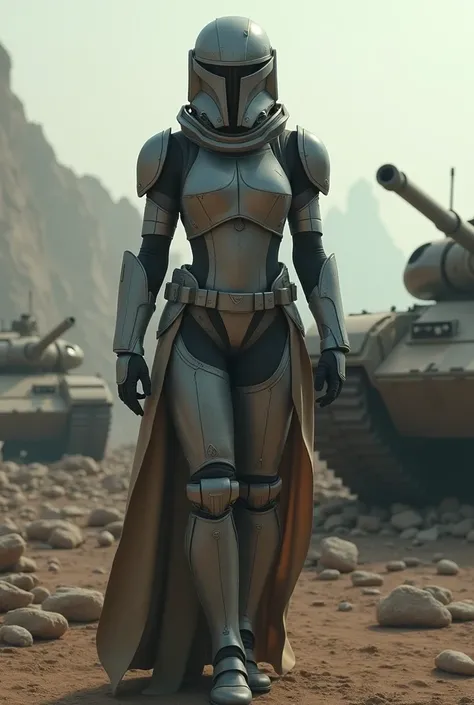 A brunette girl with   big breasts wearing clone arc trooper armor helmet on acpolyse in background with tanks