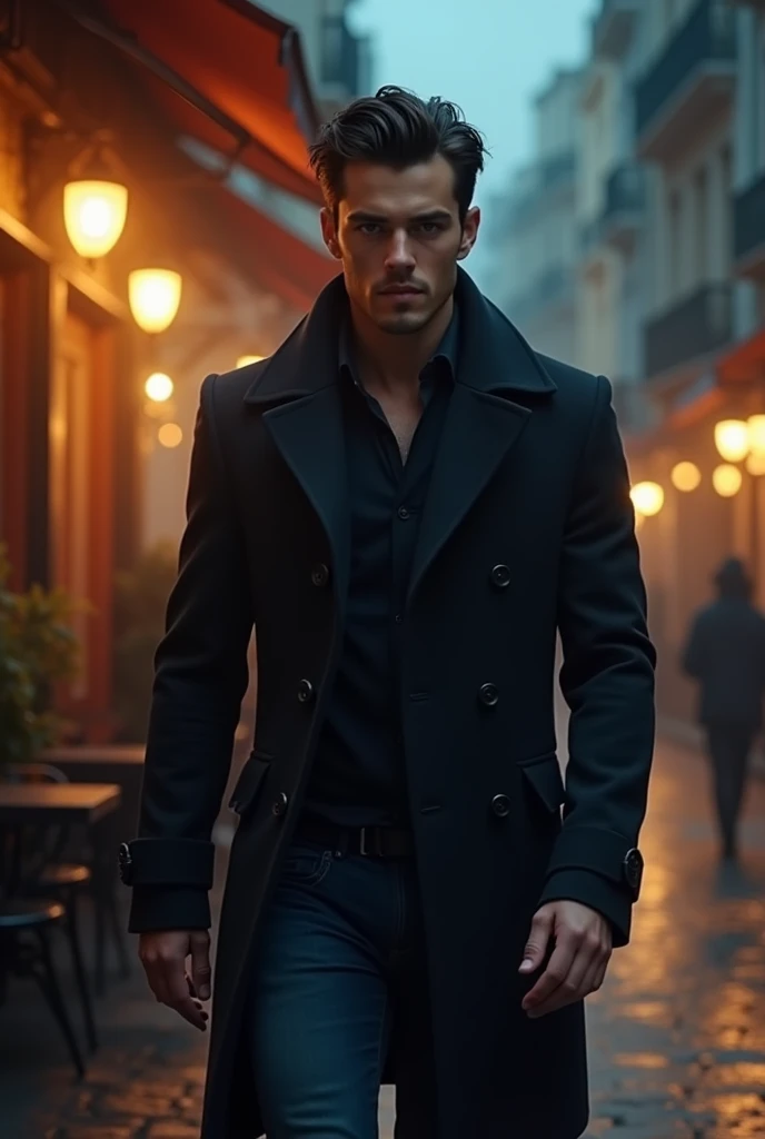 arafed uomo in un cappotto nero e jeans che cammina lungo un marciapiede, indossa un trench nero, bel maschio, belluomo, indossa un cappotto nero, indossa un trench, maschio attraente, stile da greg rutkowski, blu skintight chiuso cappotto lungo, uomo attr...