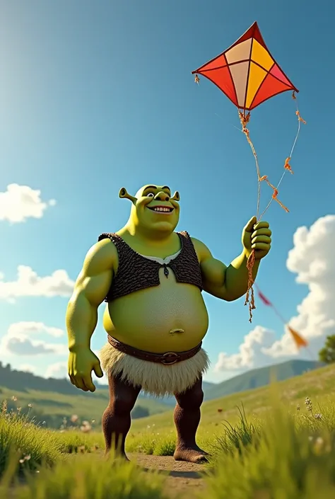 (Photorealism:1.2), oh shrek, shirtless flying a kite, holding a reel on a sunny day.