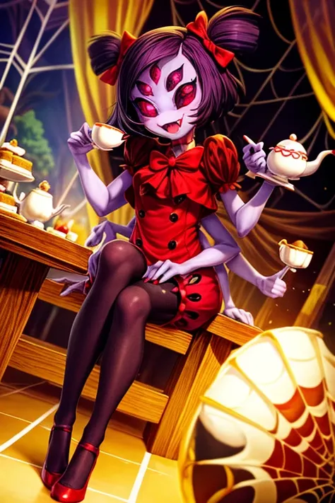 masterpiece, Best Quality, A beautiful and detailed portrait of Muffet,(muffetwear), monster girl,((purple body:1.3)),humanoid, arachnid, the second,((Fangs)),Collections,hair bows,5 eyes,spider girl,6 arms,Alone,smile, dress, open mouth, Stunning and deta...