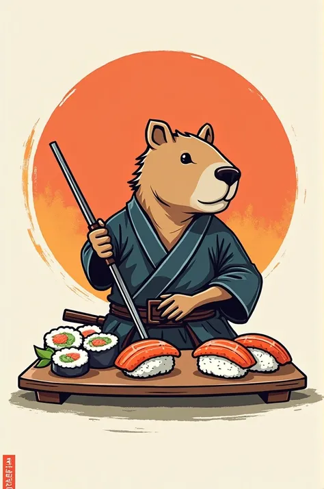 Create a line art image of a Japanese samurai capybara for a simpler, slightly animated logo cutting a slice of sushi 