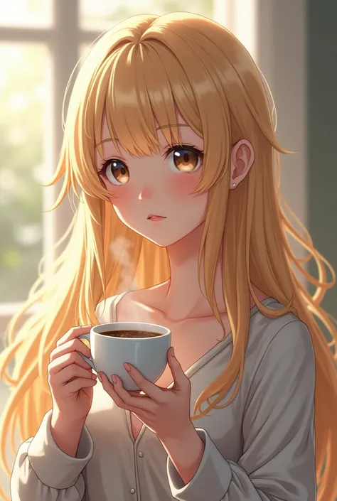 anime girl with long blonde hair holding a cup of coffee