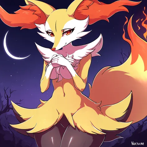 super hot braixen with both hands on her chest in anime art style, nocturne background