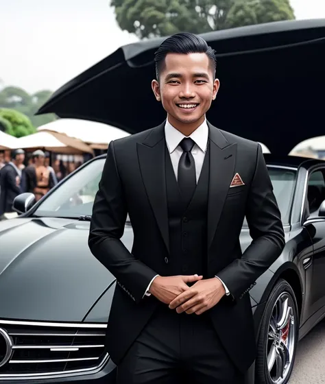 A Javanese gentleman in an expensive black suit standing in front of sport car, smiling to the audience, (real skin texture), (high resolution image), 8K quality image, 