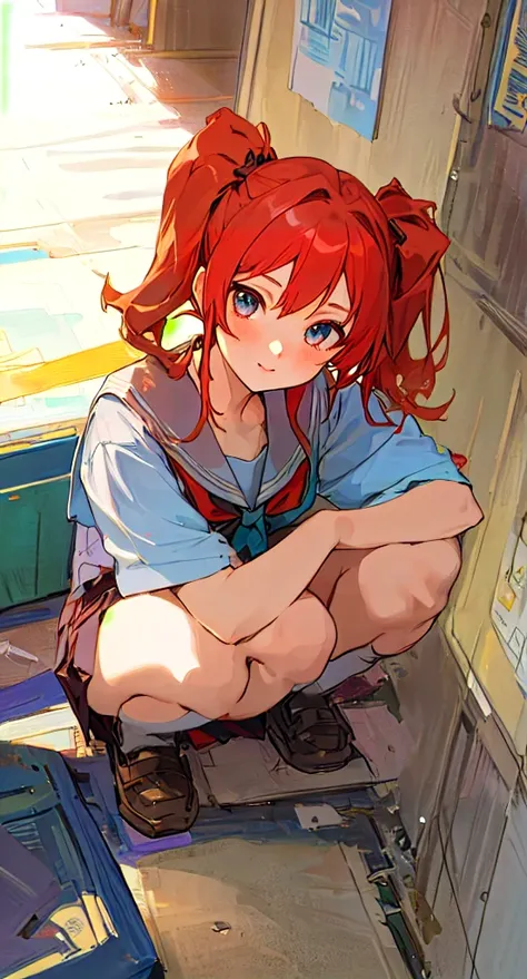 anime girl sitting on the ground with her legs crossed, the anime girl is crouching, school uniform, twintails, red hair, beautiful anime girl squatting, ,cute anime girl, anime artstyle