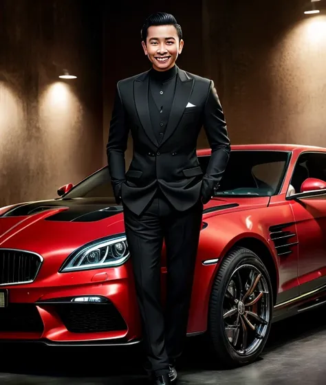 A Javanese gentleman in an expensive black suit standing in front of sport car, smiling to the audience, (real skin texture), (high resolution image), 8K quality image, 