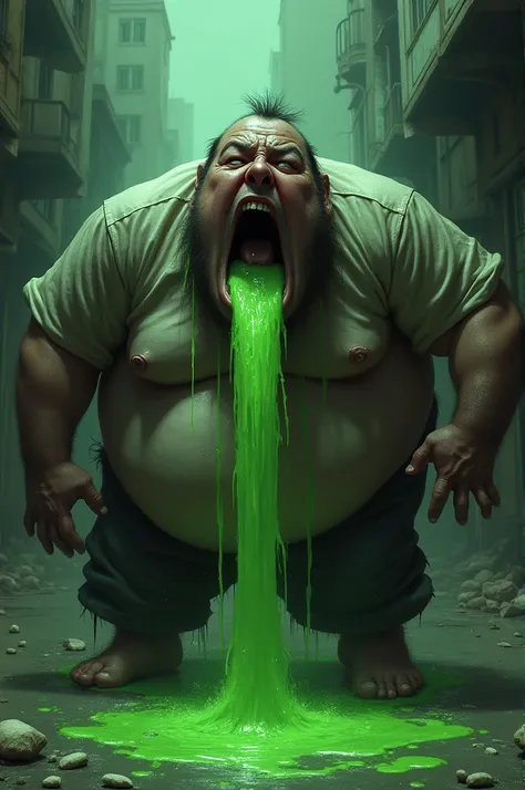 Fat man, vomiting green acid