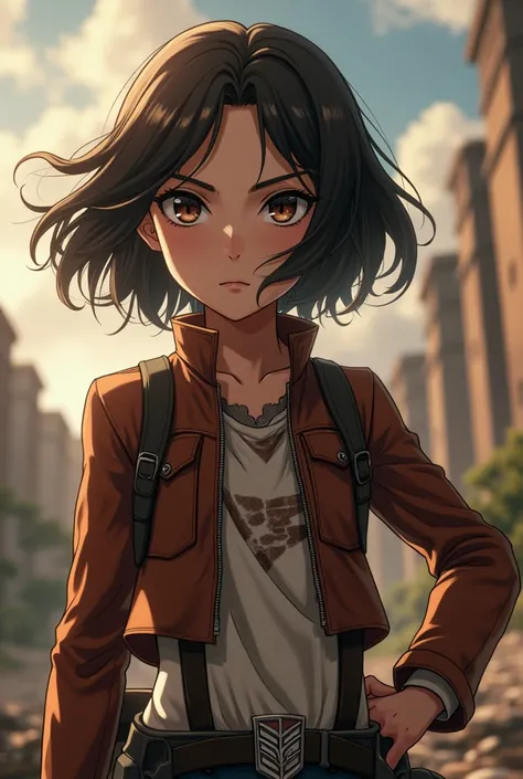 character with brown eyes, medium wavy brown hair, medium height and medium build in the world of attack on titan