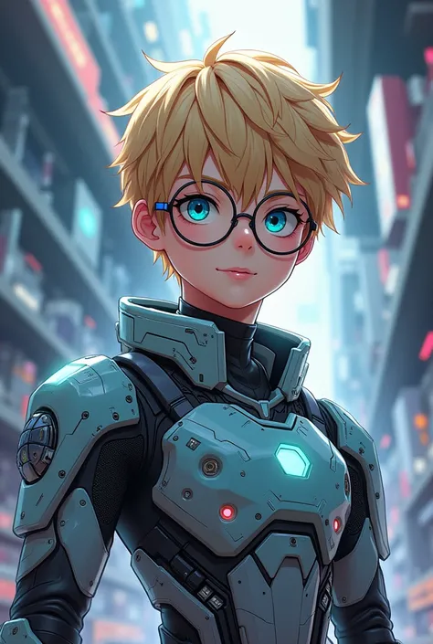 Teenage Anime boy with Blonde Shaggy Hair, Blue eyes and Round Glasses, Wearing a Robot Suit