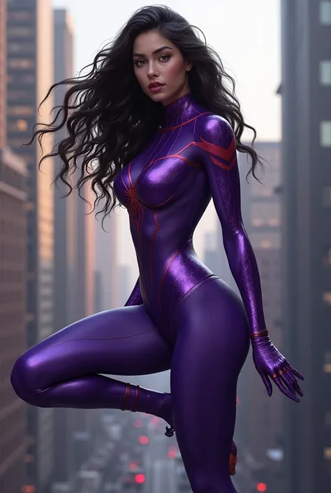 Create a female Spider-Man character with long curly hair wearing a purple outfit and dark purple Nike sneakers. 