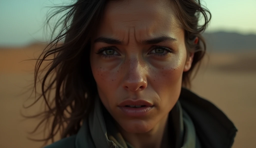 Close-up of a woman with a face of night tiredness in a desert dune movie style