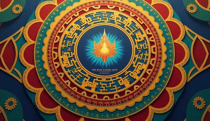 Imagine a Tibetan mandala with a robust circular base and rich in geometric details. The center of the mandala is a vibrant deep blue, radiating peace and serenity. Around it, golden and yellow spirals intertwine, representing enlightenment and wisdom expa...