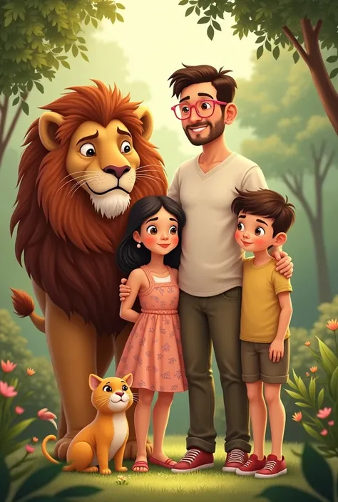 Family woman with pink glasses and her husband and a girl and a boy and a cat and a lion 