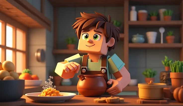 Crafting and Cooking in the Village**
- **Description:** Mark is at a village kitchen crafting a cooking pot and preparing soup. The kitchen is animated in a Minecraft-style with blocky food items and cooking tools. Mark is interacting with villagers and e...