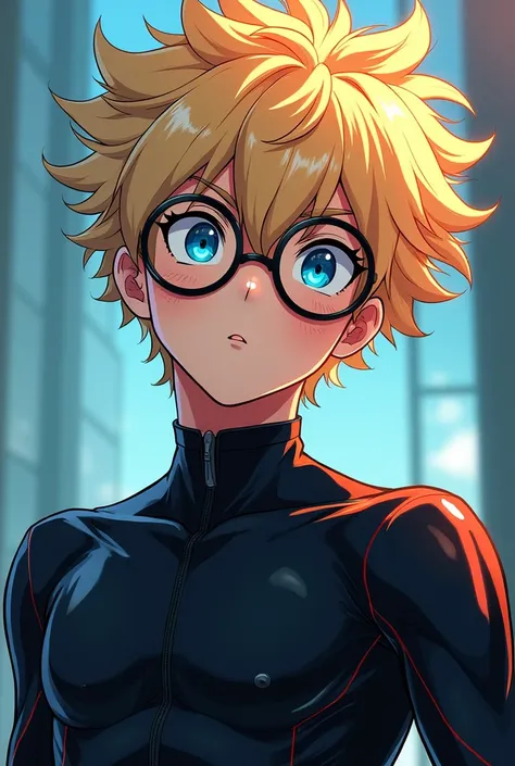 Teenage Anime Boy, Blonde Shaggy Hair, Round Glasses, Blue Eyes, Wearing a Black Latex Suit