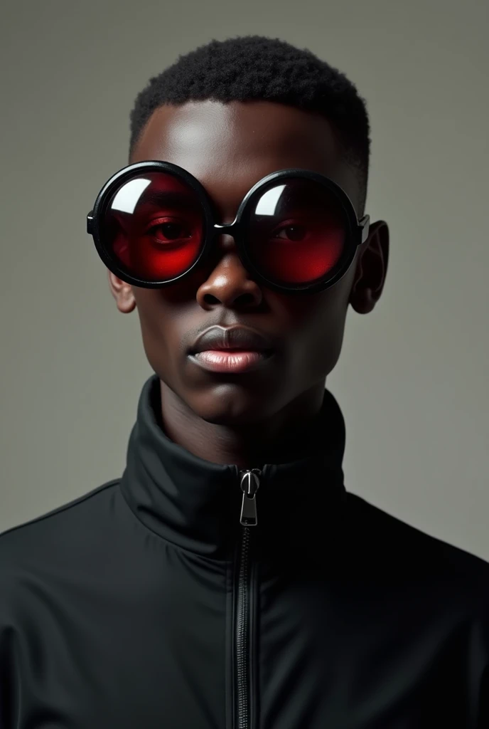 Create a young man of 1, negro, dressed in a black jumpsuit, a pair of glasses similar in the lens to the eyes of a dark red fly, round like a sphere, from the nose up 