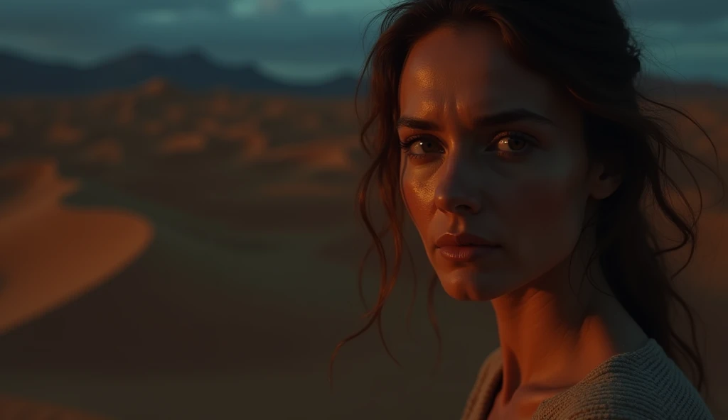 A Woman With A Night Fatigue Face, Close-up Portrait, Desert Dune Scene, Cinematic Lighting, Night Scene, Dramatic Shadows, Moody Color Palette, Warm Tones, Photorealistic, Highly Detailed, 8k, Masterpiece