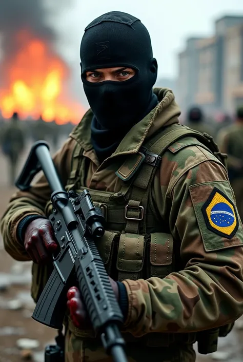 A soldier with a black mask and a camouflage Brazilian army uniform, with a pistol in his hand and a war scene behind, and with blood on their hands.
