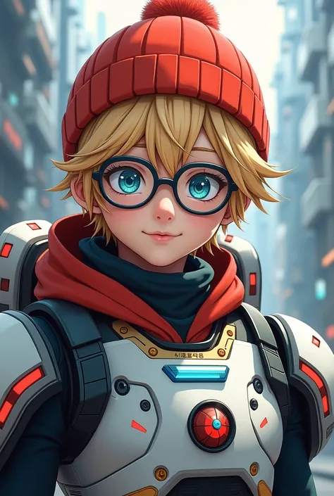 Teenage Anime Boy, Blonde Shaggy Hair, Round Glasses, Blue Eyes, Red Beanie , Robot Suit