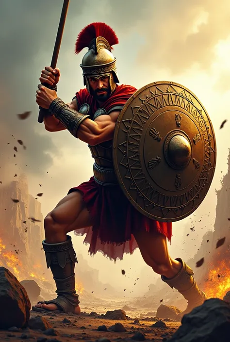 Tshirt art, spartan, holding a spear, attacking