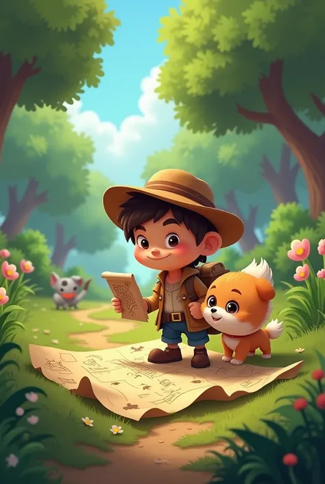 clearing! Here is a shorter prompt:

---

**Prompt:** dry, a curious one, and his little dog Pompom, a lovely fluffy dog, find a mysterious map in the park. Determined to discover the lost treasure, they embark on a great adventure together. What challenge...