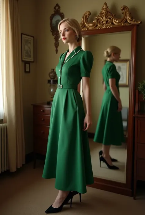 She is wearing a vintage green dress, cinched at the waist with a belt. She pairs it with black shoes, exuding an overall sophisticated vibe. Her standing posture is also beautiful.
The background of the room features decorative elements. The walls are ado...