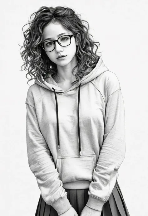 1 female, 30-year-old, alone, thin, slender, small breasts!!!, Loose curly hair, Bedhead, Forehead, thin, slender, (((glasses))), hoodie, Skinny skirt, Are standing, art, black and white, line art, Colored pencil drawing, draft, White background, portrait