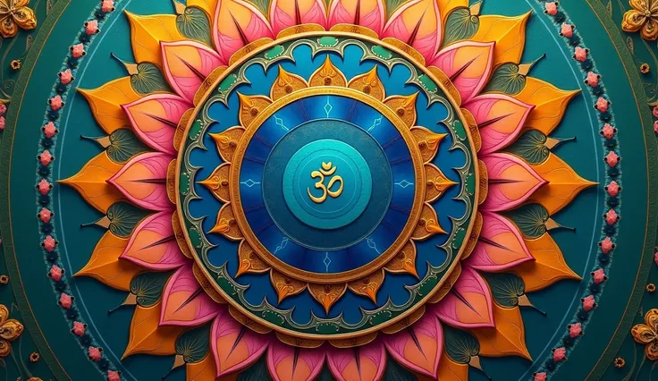 Visualize a mandala that begins with a central circle in royal blue, symbolizing depth and calm. Around this center, golden lotus petals expand, creating a sense of purity and spiritual enlightenment. The pattern is adorned with the Sri Yantra and the Om s...