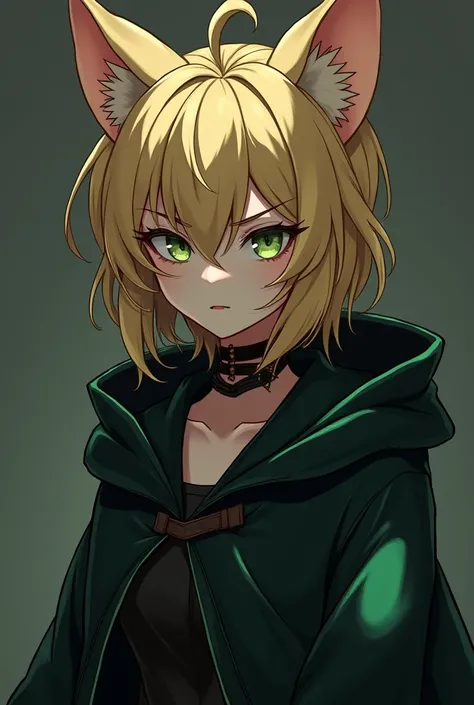 A feminine looking unknown gender twink, cat eye-like. Dark clothes, a bug coat covering almost all their body. Blonde and messy not too short hair, green-brown eyes. An annoyed expression. Genshin Impact art style.