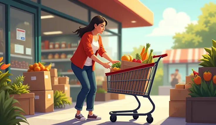 Urgent! 19 Foods to Store Before the Next Food Shortage Hits!"
Add some character with a grocery trolley and a grocery store behind  in the  landscape view. I mean the size of image ... Is in landscape mode. Outside the grocery store. And there should show...