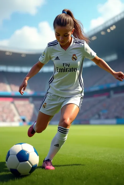 A girl playing football in a Real Madrid uniform 