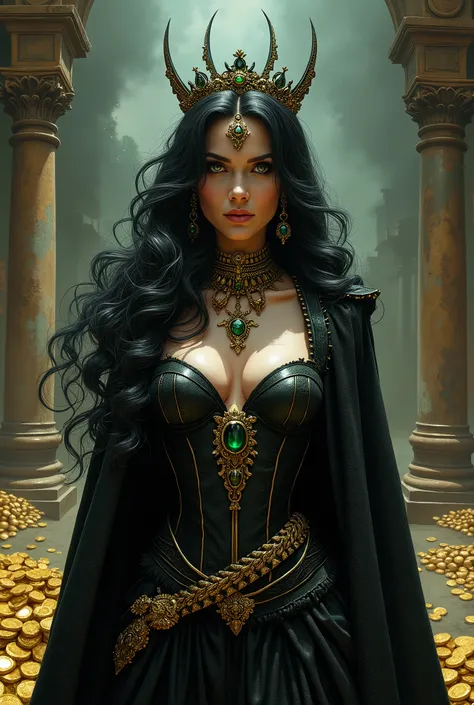 ((realistic:1.5)),((best quality)), ((masterpiece)),((detailed)), a mature stunningly beautiful wicked queen, skindentation, lush dark hair, detailed green eyes, vain and arrogant, sinister, naked, sparkling jewels and jewelry, inside of her barbarian pala...