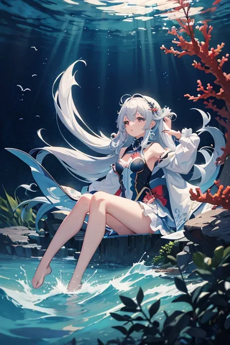 masterpiece, Highest quality, High resolution，Follow the on-screen instructions、Anime Style、Follow the on-screen instructions、One Girl、Long silver hair、Coral Reef、fish、Drop position、Falling、Look up, bend your knees, and reach your arms out toward the water...