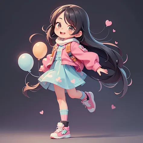 1 girl chewing gum, holding a balloon, happy expression, facing forward, cute style, cute cartoon, round background, masterpiece, long black hair, adorable character, anime style, full body shot, charming, high resolution, detailed