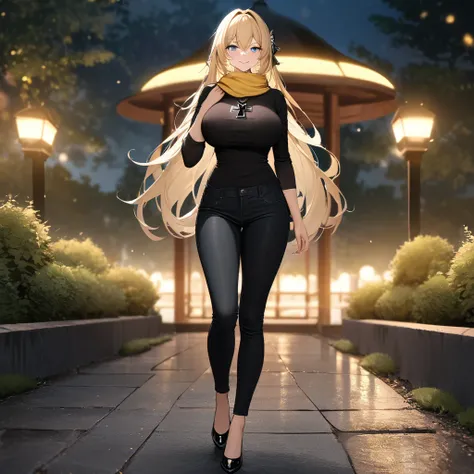 A woman wearing a casual black shirt, with a red iron cross design on the shirt, black jeans, black leather shoes, big breasts, blonde hair, long hair, yellow scarf around her neck, black cap on her hair, ice blue eyes, smiling, perfect face, perfect lips,...