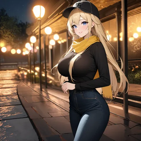 A woman wearing a casual black shirt, with a red iron cross design on the shirt, black jeans, black leather shoes, big breasts, blonde hair, long hair, yellow scarf around her neck, black cap on her hair, ice blue eyes, smiling, perfect face, perfect lips,...