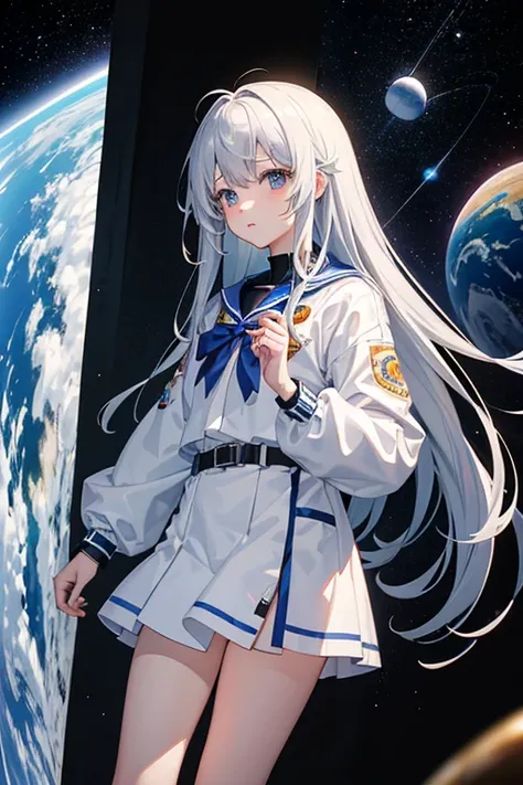 masterpiece, Highest quality, High resolution，Follow the on-screen instructions、Anime Style、Follow the prompts、One Girl、Long silver hair、School Uniform、universe space、Confused、Spacewalk、Reaching out to the earth、Adrift in Space