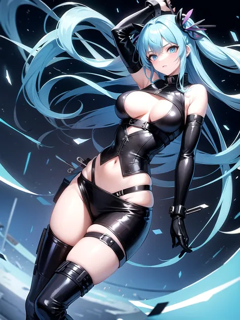 rocker girl with long blue hair, big boobs, leather outfit, anime styling, currents spread throughout the body