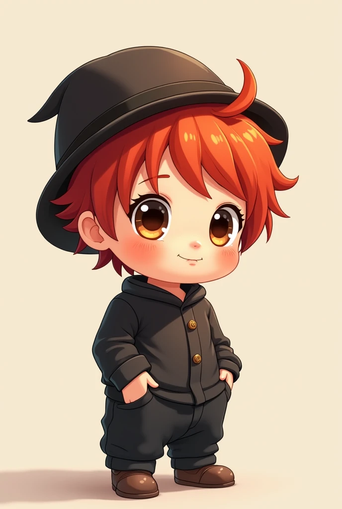 Give me a handsome baby with red hair, hat, black shirt, black pants anime cute