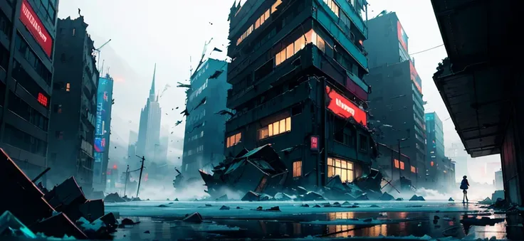 destroyed city with shades of turquoise blue, anime traits, dark place and icy tones, cyberpunk buildings on the sides of the image, half open with a lot of fog and a girl in a school dress in the background, all long distance, girl seen from a bird&#39;s ...