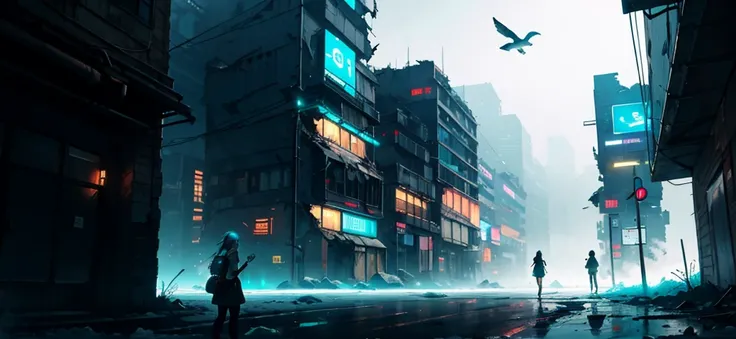 destroyed city with shades of turquoise blue, anime traits, dark place and icy tones, cyberpunk buildings on the sides of the image, half open with a lot of fog and a girl in a school dress in the background, all long distance, girl seen from a bird&#39;s ...