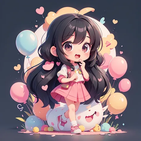 １people、chewing gum、balloon、Happy atmosphere，Facing forward、Cute Style，Cute cartoon，round background，masterpiece　Long black hair　Cute Characters　 Anime Style　The whole body is visible　Charm　High resolution　delicate　
