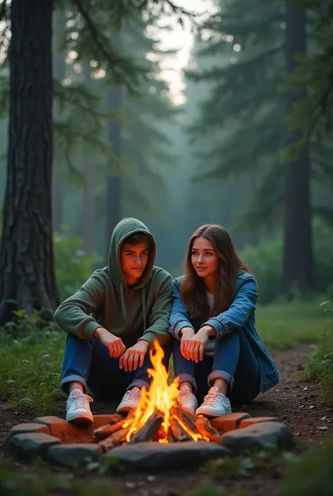 A boy and girl wear green hoodie and blue jean with white shoes camping in forest and age around 22 year and sitting around fire