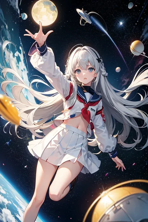 masterpiece, Highest quality, High resolution，Follow the on-screen instructions、Anime Style、Follow the prompts、One Girl、Long silver hair、School Uniform、universe space、Confused、Spacewalk、Reaching out to the earth、Adrift in Space