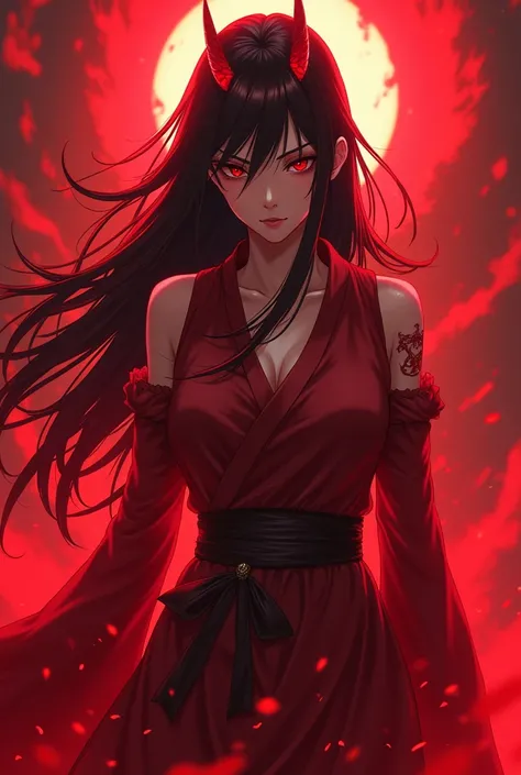 A Korean female anime character, of terror and powerful in red color 