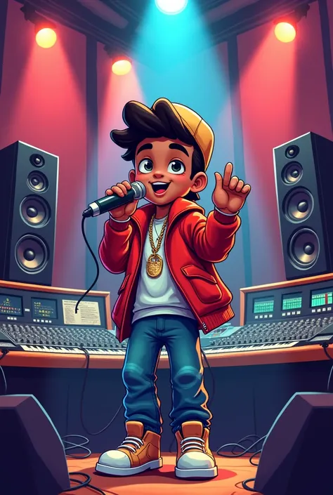  Cartoon rapper in studio holding a microphone 