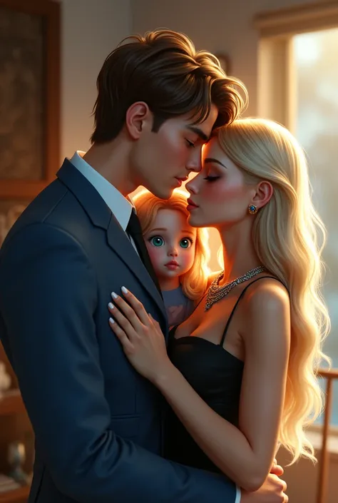 (Photorealism:1.2), man with brown hair and eyes without beard wearing a blue suit and tie, hugging a long-haired blonde woman in a black dress olhos verdes and with a beautiful necklace. Frontal at a Photorealistic , com uma   loira de 8 anos e olhos azui...