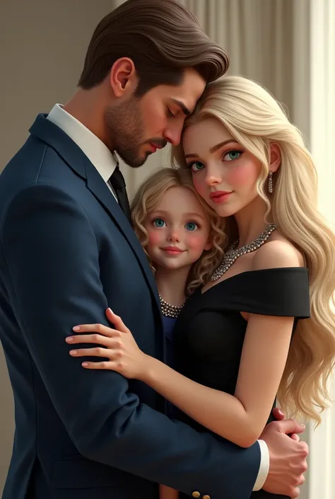 (Photorealism:1.2), man with brown hair and eyes without beard wearing a blue suit and tie, hugging a long-haired blonde woman in a black dress olhos verdes and with a beautiful necklace. Frontal at a Photorealistic , com uma   loira de 8 anos e olhos azui...